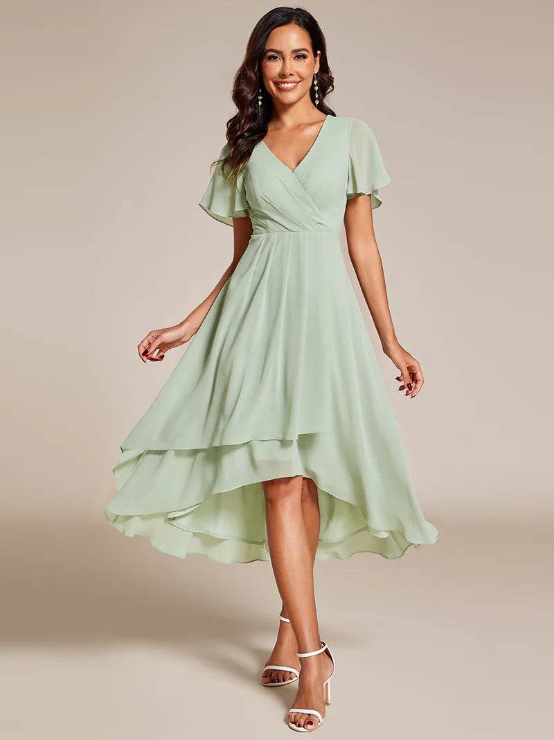 Elegant V-Neck Midi Chiffon Wedding Guest Dress with Ruffle Sleeves - Biamonde